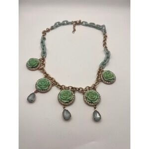 Mint Green Rose Rhinestone Statement Necklace Gold Tone Blue Teardrop Charms